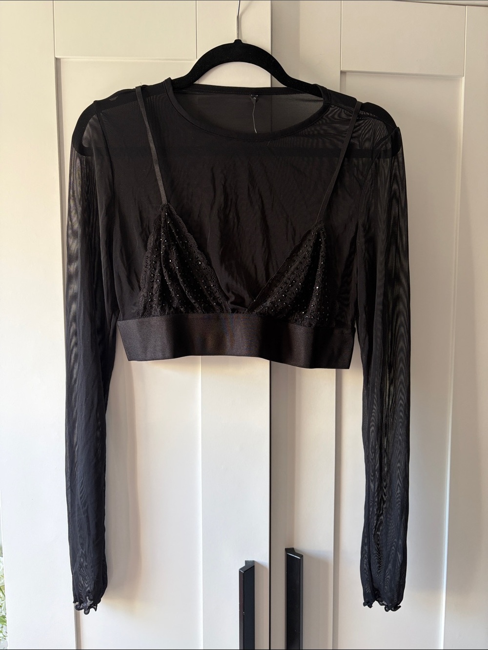 Black Sheer Mesh Long-Sleeve Crop with Rhinestone Bralette